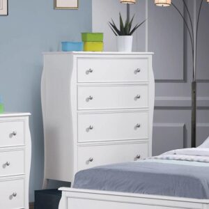 The Dominique collection includes this fetching wood chest for any youth bedroom. Crafted with flared legs and curved moldings for elegant rustic charm. Put a decorative vase or a music box on the top for a personal touch. Four drawers with silver metal knobs give you all the storage you need for apparel and more. Chest is finished in bright white that imparts a contemporary appeal.