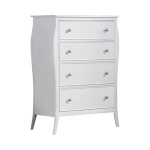 The Dominique collection includes this fetching wood chest for any youth bedroom. Crafted with flared legs and curved moldings for elegant rustic charm. Put a decorative vase or a music box on the top for a personal touch. Four drawers with silver metal knobs give you all the storage you need for apparel and more. Chest is finished in bright white that imparts a contemporary appeal.