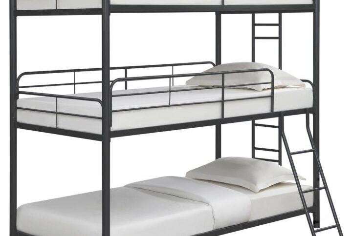 Compact spaces and large families love this triple bunk bed. The modern design is enhanced with clean lines and durable heavy gauge steel construction. Finished in a gunmetal