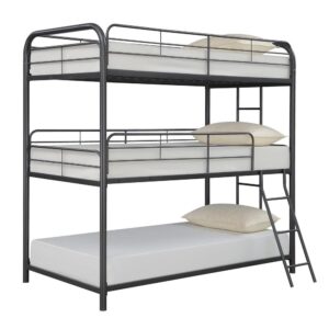 this stylish triple bunk bed brings function and aesthetics to a youth's bedroom. Find two attached ladders available to access the middle and top bunks. With sturdy guardrails