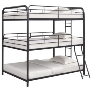 Compact spaces and large families love this triple bunk bed. The modern design is enhanced with clean lines and durable heavy gauge steel construction. Finished in a gunmetal
