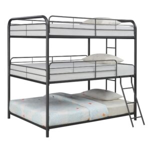 this stylish triple bunk bed brings function and aesthetics to a youth's bedroom. Find two attached ladders available to access the middle and top bunks. With sturdy guardrails