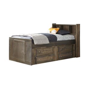 it delivers a rustic look. Store linens and clothing in side drawers and a compartment built in to its tall footboard. A bookcase headboard offers lots of room to organize reading materials.