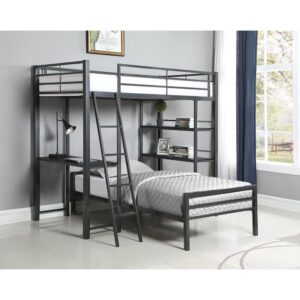 Make a teen's or child's room a haven for productivity. This twin workstation loft bed covers all the bases. A top bunk perches over a workstation setup with a desk and shelving