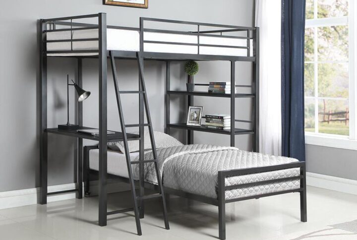 Make a teen's or child's room a haven for productivity. This twin workstation loft bed covers all the bases. A top bunk perches over a workstation setup with a desk and shelving