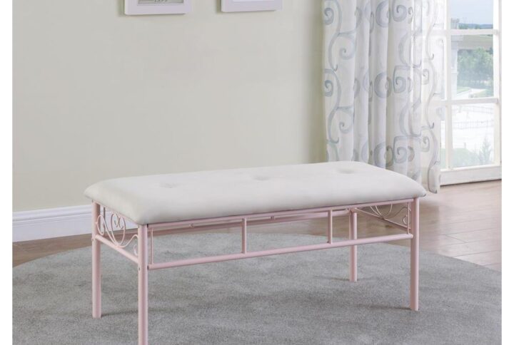 Make a teen’s or child’s bedroom functional and fashionable with this lovely pink padded bench. Enjoy a romantic silhouette combining linear and curved elements with tender