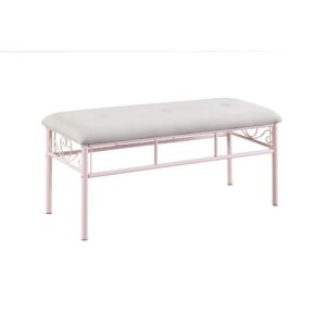 ornate accents. Steel construction offers durability in a bench with a powder pink finish. Topped with a generously padded cushion covered in white fabric