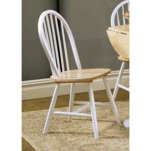 this two-tone wood chair provides the answer. White seat back has a spindle construction for stylish support. Angled legs and leg supports come in trendy white