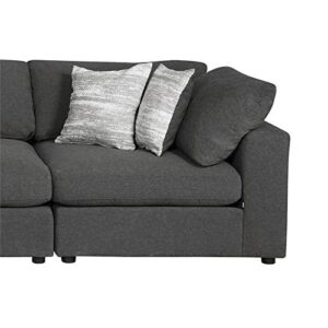 this modular sectional offers all the comfort one needs to kick back and relax. Reversible pillows and jacquard accent pillows beckon you to sink in for a midday nap or chat with guests. Petite black feet offer a subtle lift