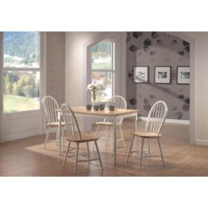 A tempting and familiar design motif shows itself off in a stylish way as it updates your casual space with farmhouse charm. This five-piece dining set features wood construction with a dual finish palette. A traditional rectangular table adds a soft natural brown finish top set over a tasteful base with turned leg details. Windsor-style chairs show off their classic rounded backs with vertical slats