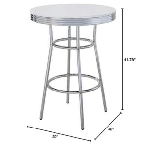 this bar table offers a variety of uses. It's perfect for a handy place to prop drinks or snacks. Its sleek design gives you the flexibility to move around freely. A high-shine chrome base and white table top will allow you to enjoy your breakfast and morning coffee in style. Pair it with matching chrome barstools to further accent your space.