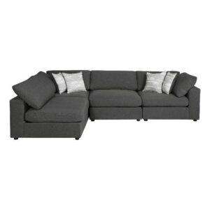 This contemporary four-piece sectional offers a versatile L-shape design that works with countless living room arrangements. Wrapped in a linen-like fabric