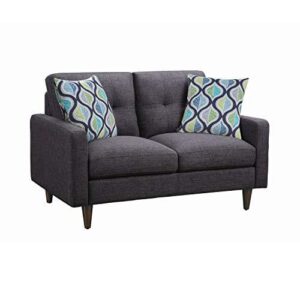 This loveseat features clean lines and cushioned comfort for hours of enjoyment. Sink into thick seat cushions for hours of watching your favorite shows or cuddling by a fire. Seat backs feature button tufting that's timeless and stylish. Loveseat also has round tapered legs and wide armrests for a solid modern appeal. Available in dark grey fabric that suits any living room decor.