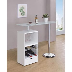 the table features an elevated glass top with a cabinet under one side. In a glossy white finish