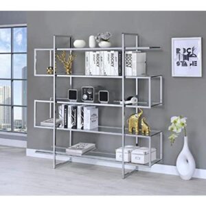 modern bandwagon. Refresh a contemporary space with a stylish piece designed to organize and display. This four-tier bookcase offers a cool profile with personality. Tempered glass shelves blend perfectly with a steel frame. Make room for books