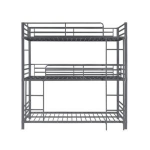 there is plenty of space for large families and sleepovers. This is durably crafted from metal in a striking gunpowder finish. Sturdy safety rails protect sleepers as they snooze through the night. Little ones can easily access the top bunks with built-in and secure ladders.