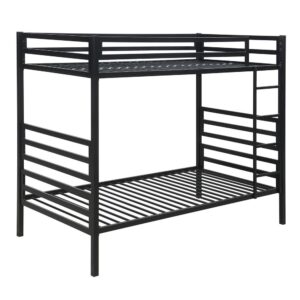 Make the most of a modern youth bedroom with this bunk bed. The sleek matte black finish is an exceptional choice for the steel frame. A sleek silhouette with clean lines makes this a stylish addition to a youth bedroom while promoting safety. An attached ladder makes it easy to safely access the top bunk. Sturdy guard rails are in place to make the top bunk a cozy sanctuary while giving parents peace of mind.