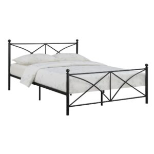 this piece is bound to enhance many sleeping spaces. It's X-style pattern on the head and footboard gives it modern appeal. This metal bed is ideal for using in guest bedrooms and youth bedrooms. With airy appeal and straight legs