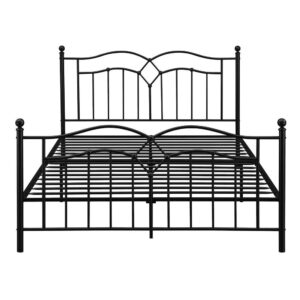 Open your mind to the wonderful aesthetic design of this black metal bed. Its intricate shape adds a striking silhouette that is always adored. Its headboard and footboard are constructed with a classic slat design. The understated curves of the headboard make an impression that's enhanced with an open diamond design in the center. Choose this piece for traditional style sleeping spaces.