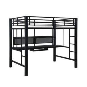 this workstation loft bed is a godsend. Combine work and sleep in a modern way with demonstrable sophistication. Metal loft bed is finished in black. Below the bed is work area that includes desk with keyboard tray and storage shelf. A delightfully contemporary addition to any living space