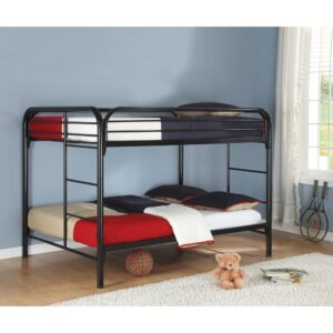 This charming bunk bed tantalizes. Both top and bottom beds are sized for a full mattress. Four-step ladder built on the head and the foot for convenient up-and-down access. Top bunk also features side slats for safe sleeping. Finished in chic black metal.