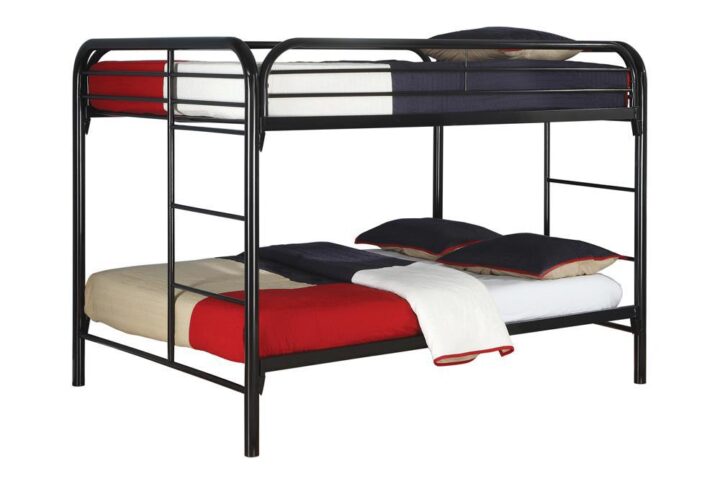 This charming bunk bed tantalizes. Both top and bottom beds are sized for a full mattress. Four-step ladder built on the head and the foot for convenient up-and-down access. Top bunk also features side slats for safe sleeping. Finished in chic black metal.
