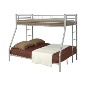Make a statement in a youth or guest bedroom with this contemporary Denley bunk bed. It features a twin bed over a full bed for convenience that's also eye-catching. Top bed has guard rails and connects to the bottom with a coordinating ladder. Bed is constructed with strong two-inch metal tubing and has a clean