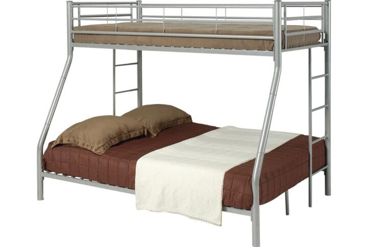 Make a statement in a youth or guest bedroom with this contemporary Denley bunk bed. It features a twin bed over a full bed for convenience that's also eye-catching. Top bed has guard rails and connects to the bottom with a coordinating ladder. Bed is constructed with strong two-inch metal tubing and has a clean