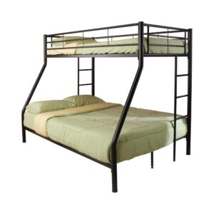 This contemporarily styled Denley bunk bed is sure to be a hit in a youth or guest bedroom. Ingeniously designed with a twin bed over a full bed that's as striking as it is convenient for those weekend sleepovers. Top bed has guard rails for safe sleeping and with access to the bottom via a coordinating ladder. Built with strong two-inch metal tubing