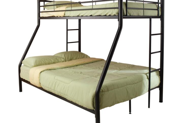 This contemporarily styled Denley bunk bed is sure to be a hit in a youth or guest bedroom. Ingeniously designed with a twin bed over a full bed that's as striking as it is convenient for those weekend sleepovers. Top bed has guard rails for safe sleeping and with access to the bottom via a coordinating ladder. Built with strong two-inch metal tubing