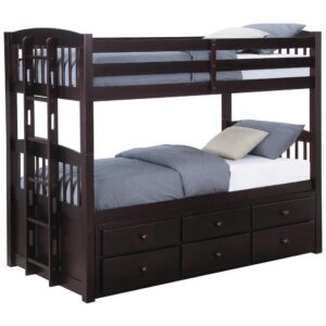 Sleepovers are more fun than ever with this twin/twin bunk bed in the Kensington collection. The footboard is fashioned with wood slats for distinctive styling and includes ladder for easy access between top and bottom beds. Top bunk has guard rails for secure sleeping