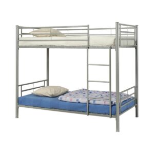 This contemporary-style metal bunk bed is a handsome centerpiece of a youth bedroom. Featuring twin bed over twin bed