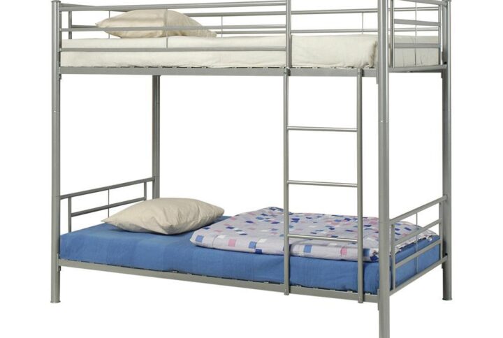 This contemporary-style metal bunk bed is a handsome centerpiece of a youth bedroom. Featuring twin bed over twin bed