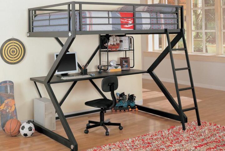 This workstation loft bed combines rest and work into one. On top is the full bunk bed complete with full-length guard rail to keep you in place while sleeping. A black stepladder provides easy access. Beneath the bed is a modern workstation with desk full-length desk. Workstation is accentuated with unique sigma design that's hip and innovative.