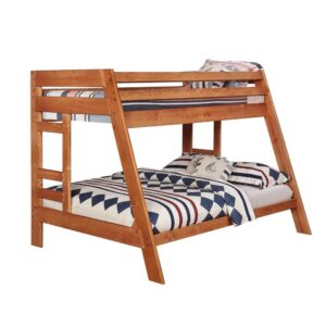 The Wrangle Hill collection includes this twin/full bunk bed that's sure to please. The bed is crafted from solid pine for durability and beauty. Full-length guard rails on the top bunk ensure safe sleeping. Finished in amber wash