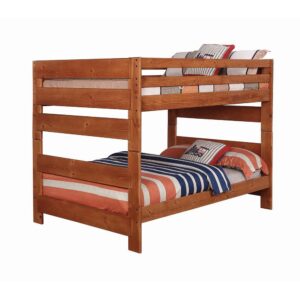 the bed is finished in exotic amber wash. Top bunk features full length wood slats as guard rails. Both beds are sized to house full size mattresses. Optional trundle (sold separately) includes bunkie mattress.