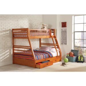 This twin/full bunk bed from the Ashton collection delivers style and function. It is expertly designed and crafted from solid pine for years of reliability and durability. Twin top bunk features a slatted guard rail and ladder to the full bed beneath. Two-drawer under bed storage is perfect for storing extra blankets or hiding that secret journal. Finished in exquisite honey for a touch of color and elegance to any youth bedroom.