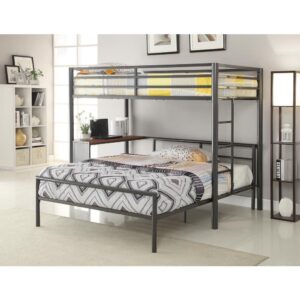 it has everything you need. Twin bed rests on top with a built-in ladder on one end for simple access. The bottom area has a built-in desk area to get work done late or early. The entire piece is finished in dark gunmetal for a stately appearance. Pair with a twin or full size youth bed that fits neatly under the loft to create an extra sleep space for a sibling or guest: 300279T