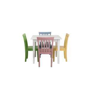 sleek table features a square top for all the party's essentials. Four chairs in a medley of colors (charming pink