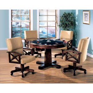 Create an eye-catching visual in a dining room with this five-piece dining set. In Craftsman-inspired style