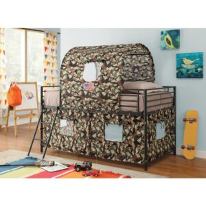 For the little soldiers in your home comes this camouflage loft bed. The bed is finished in army green camouflage and features solid metal construction. Guard rails protect against sibling invasions or accidental falls. Bed also includes a tent cover for those late-night covert operations (that is