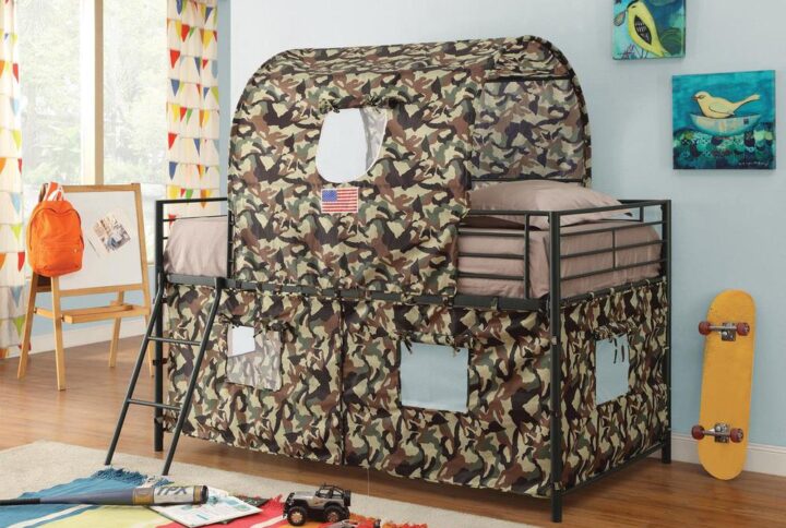 For the little soldiers in your home comes this camouflage loft bed. The bed is finished in army green camouflage and features solid metal construction. Guard rails protect against sibling invasions or accidental falls. Bed also includes a tent cover for those late-night covert operations (that is