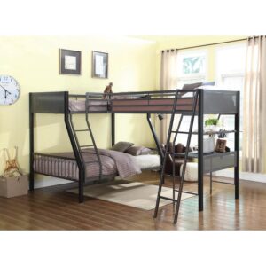 A twin over full bunk bed with a loft add-on is all that you need for compact sleeping spaces. The twin bunk bed is accessible with an attached ladder crafted from heavy gauge steel and a loft-add on creates a stylish and functional study space at home. The loft includes a workstation