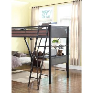 Expand a compatible bunk bed to create a loft space with this T-loft add-on piece. This add-on creates a third sleep space perfect for sleep-overs. The lower space includes a workstation. Perfect for adding functionality without taking up precious floor space. A black/gunmetal finish looks sharp and works for kids of all ages.