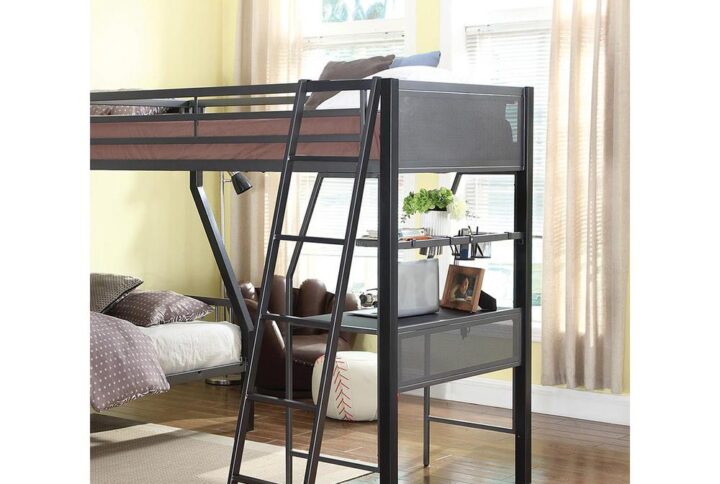 Expand a compatible bunk bed to create a loft space with this T-loft add-on piece. This add-on creates a third sleep space perfect for sleep-overs. The lower space includes a workstation. Perfect for adding functionality without taking up precious floor space. A black/gunmetal finish looks sharp and works for kids of all ages.