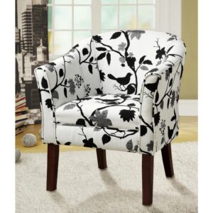 This accent chair gives you the chance to express your style. It comes in a thrilling bird and branch pattern fabric that livens up a casual living room. The bird and branch are black and grey set against a white background for a contrast that starts conversations. Chair has a barrel back and flared arms for comfortable seating. Leg finish is dark cappuccino for a further touch of distinction.