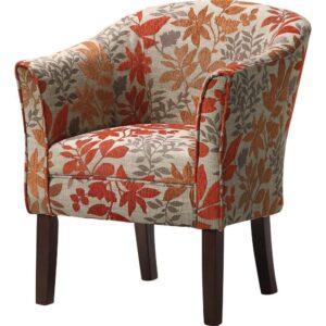 Express your one-of-a-kind style with this can't-miss accent chair. Traditional style arm chair comes with a splash of color that warmly complements a living room with casual decor. Chair fabric features autumn leave pattern in orange and red with a touch of gold. It is sturdily constructed with flared arms and a barrel back for comfort. Leg finish is in dark brown to complete what is sure to be a conversation starter.