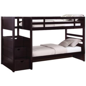 Highlighted in the Elliott collection is this casual-style wood twin/twin bunk bed that embodies versatility and convenience. Features full-length safety guard rail and build-in stairway chest. Each step is also a spacious drawer for storing valuables and secret extras. Solidly fashioned from solid pine for years of use and finished in rich cappuccino for timeless elegance. Who knew versatility could be so classic and stylish?