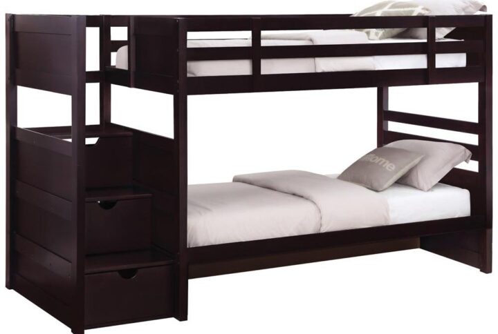 Highlighted in the Elliott collection is this casual-style wood twin/twin bunk bed that embodies versatility and convenience. Features full-length safety guard rail and build-in stairway chest. Each step is also a spacious drawer for storing valuables and secret extras. Solidly fashioned from solid pine for years of use and finished in rich cappuccino for timeless elegance. Who knew versatility could be so classic and stylish?