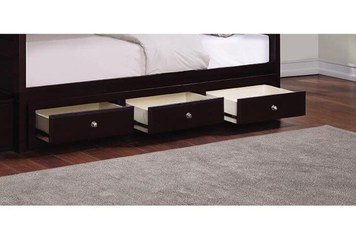 What could every bedroom use a little bit more of? The answer is storage and the solution is this three-drawer wood underbed storage. In a rich cappuccino finish